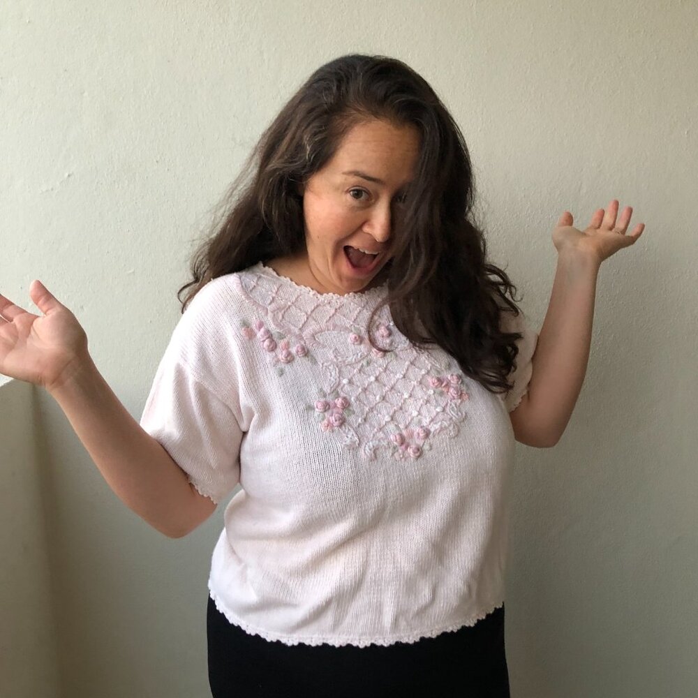 Vintage Pink Knit Woven Floral Blouse Size M